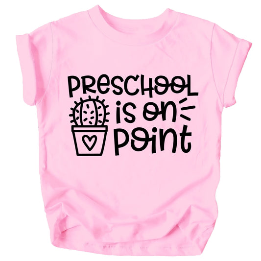 Close-up of preschool back to school shirt print in mauve on toddler tee