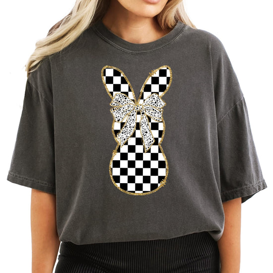 Black and white checkered bunny graphic tee on woman, retro Easter design