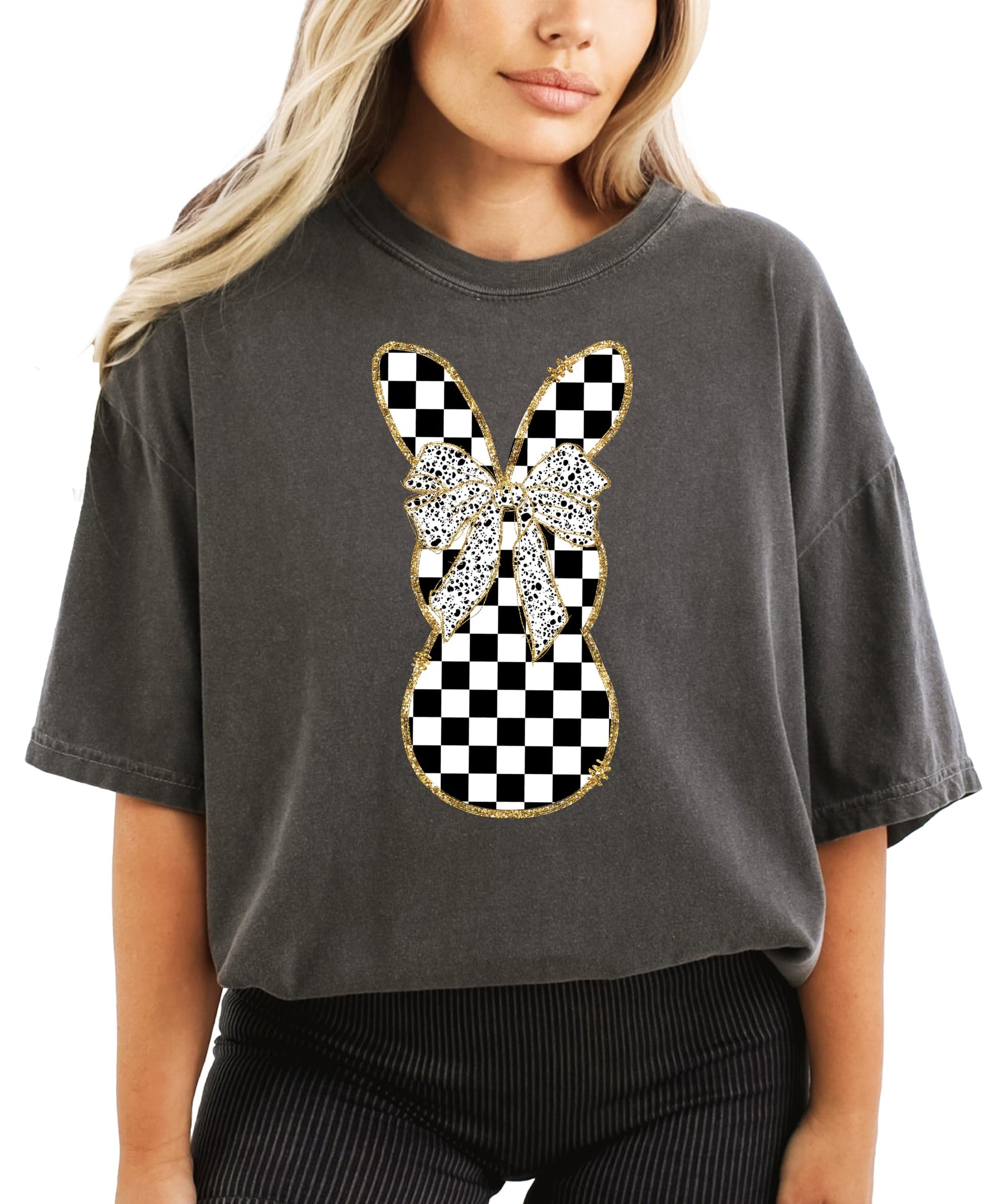 Black and white checkered bunny graphic tee on woman, retro Easter design