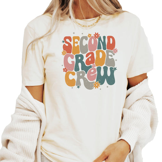 Close-up of vintage flower 2nd grade graphic print on soft cotton tee