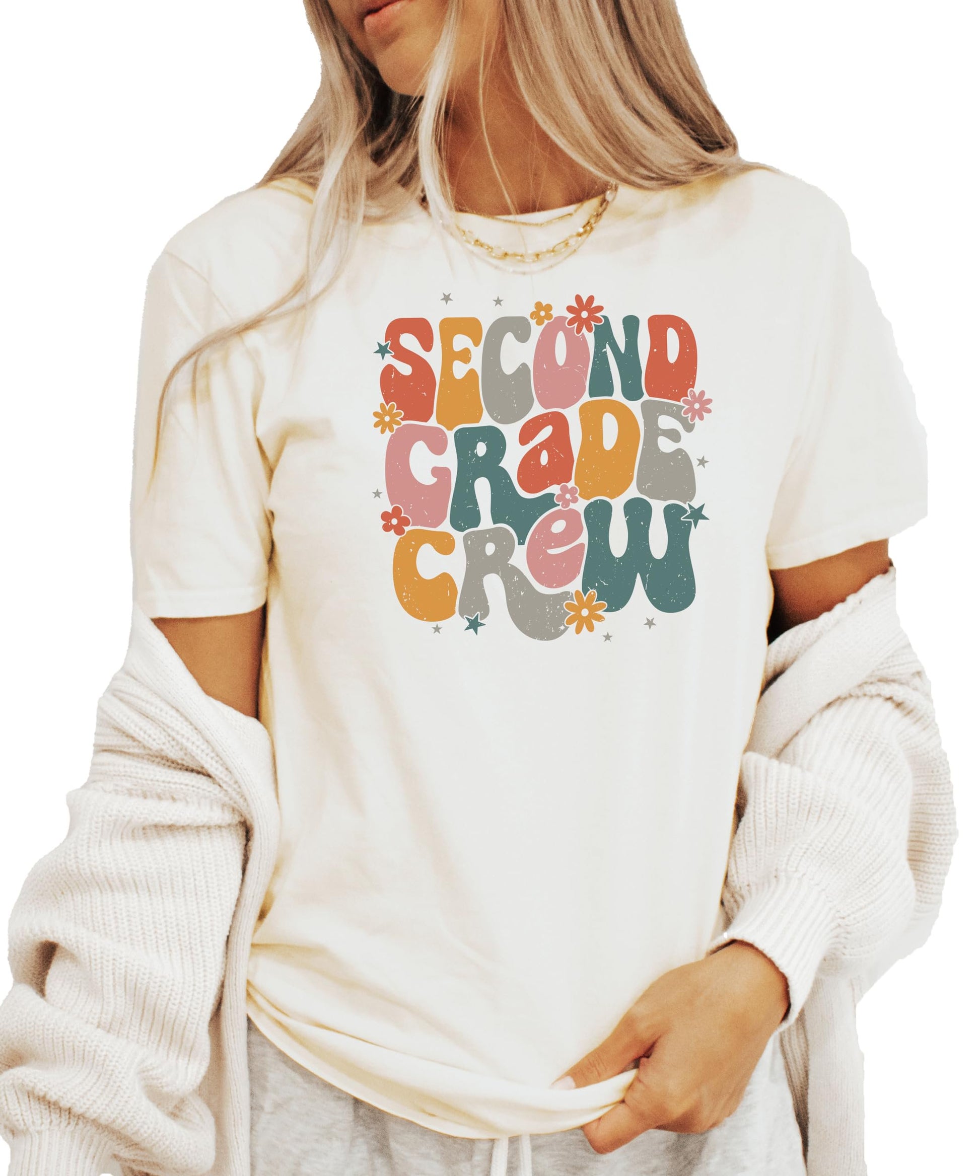 Close-up of vintage flower 2nd grade graphic print on soft cotton tee
