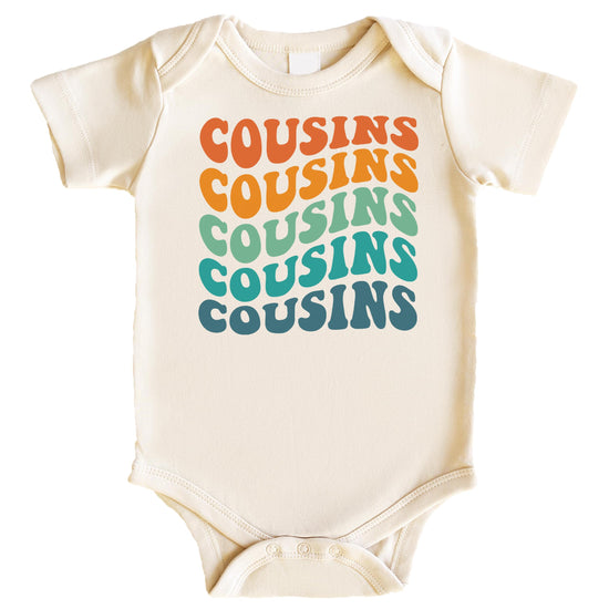 Natural colored cousins matching shirt showing retro rainbow text styling