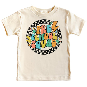 Front view of retro groovy lightning squad back to school tee for boys and girls