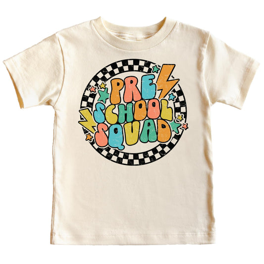Front view of retro groovy lightning squad back to school tee for boys and girls