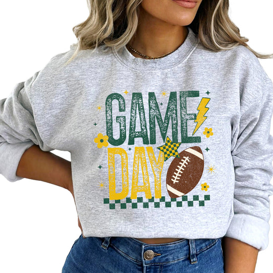 White crewneck sweatshirt with football and flowers team spirit design