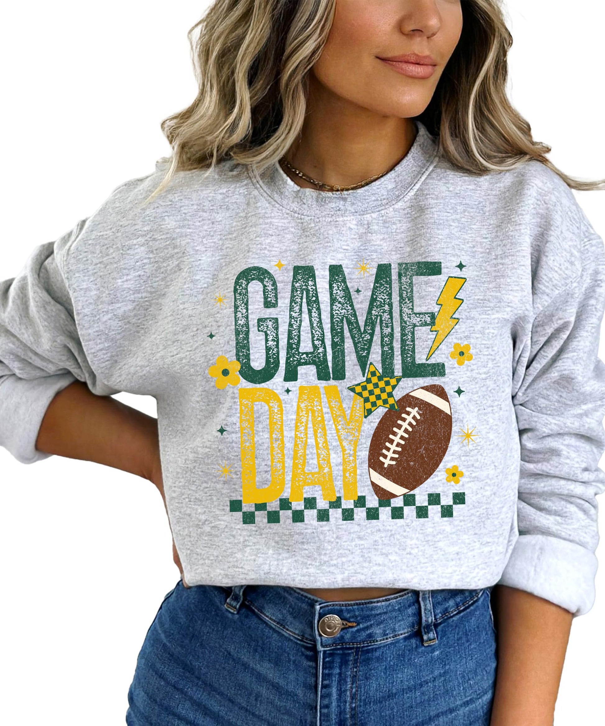 White crewneck sweatshirt with football and flowers team spirit design