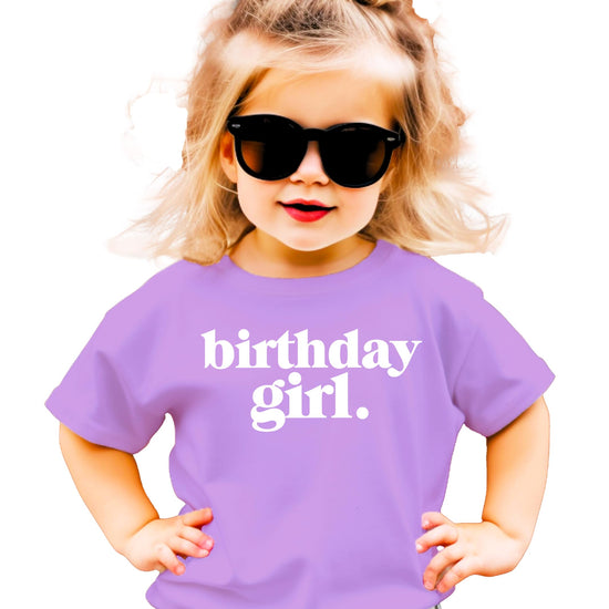 Front view of purple Birthday Girl Period shirt for little girls with bold graphic print