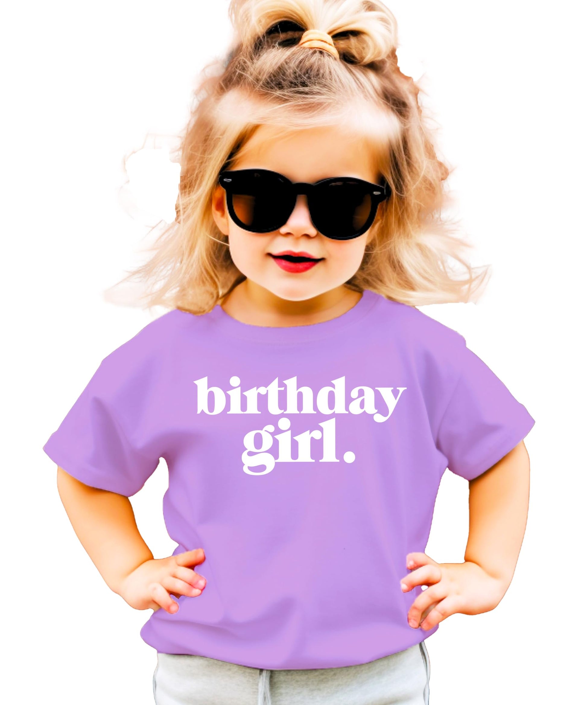 Front view of purple Birthday Girl Period shirt for little girls with bold graphic print