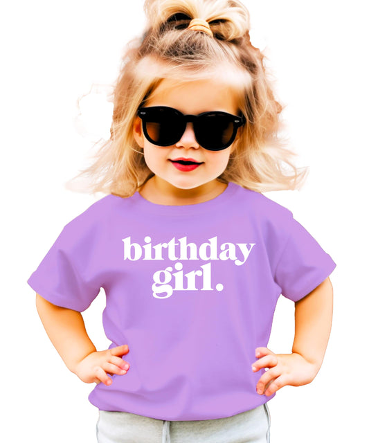 Front view of purple Birthday Girl Period shirt for little girls with bold graphic print