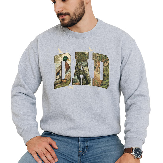 Close-up of retro camo duck and deer hunting graphic on gray pullover sweatshirt