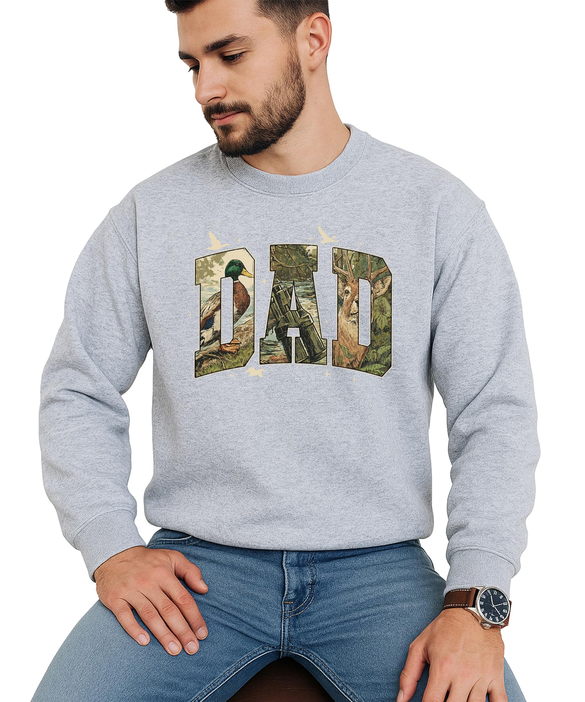 Close-up of retro camo duck and deer hunting graphic on gray pullover sweatshirt