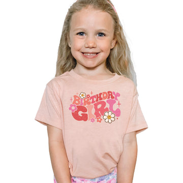 Birthday girl groovy daisies natural graphic tee for toddler and youth girls front view