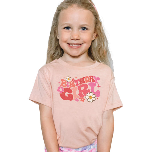 Birthday girl groovy daisies natural graphic tee for toddler and youth girls front view