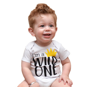 Wild One Boys 1st Birthday Bodysuit with Yellow Crown