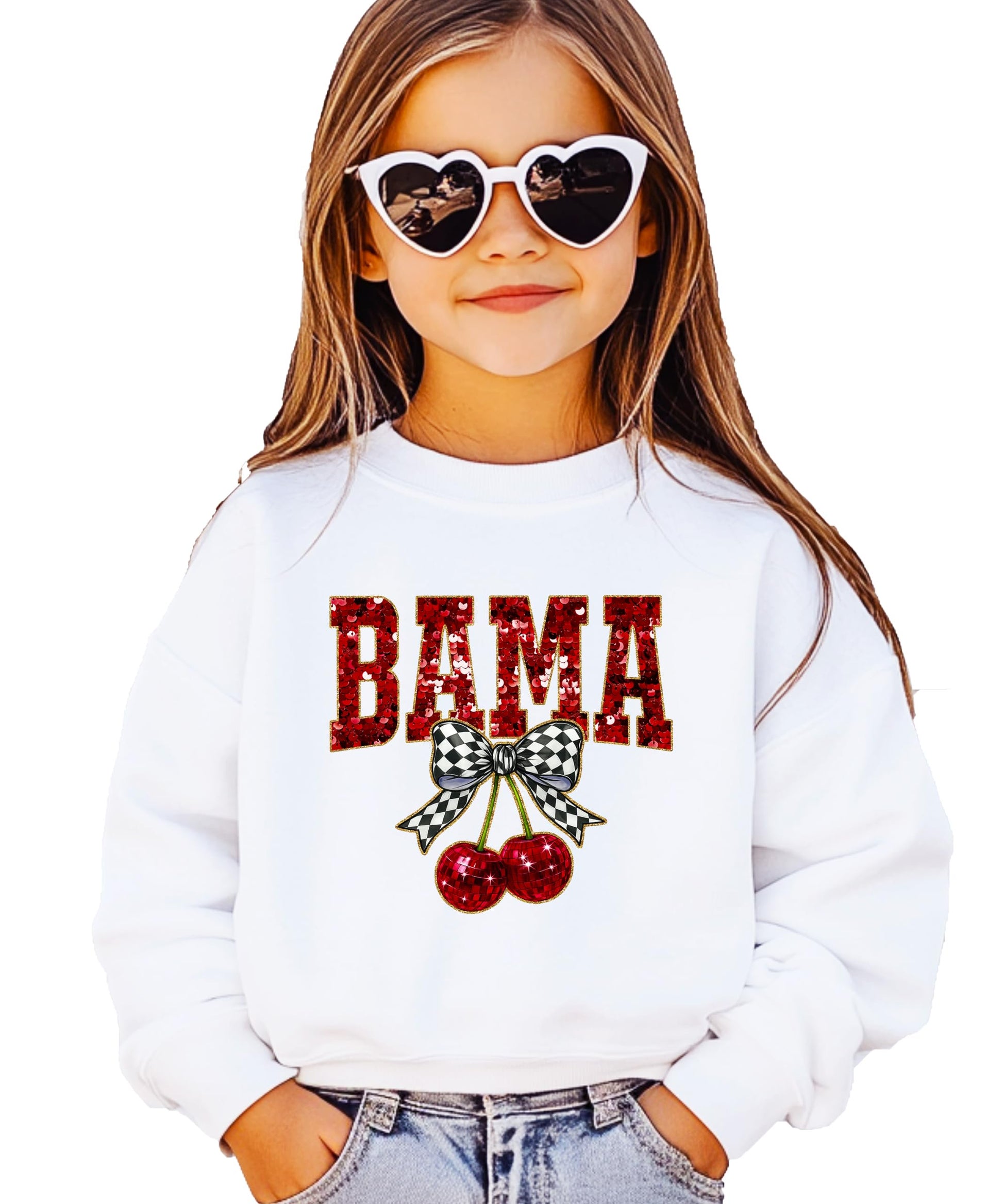 Close-up of red ink-printed sequin BAMA graphic with checkered bow and disco cherry accents on white sweatshirt