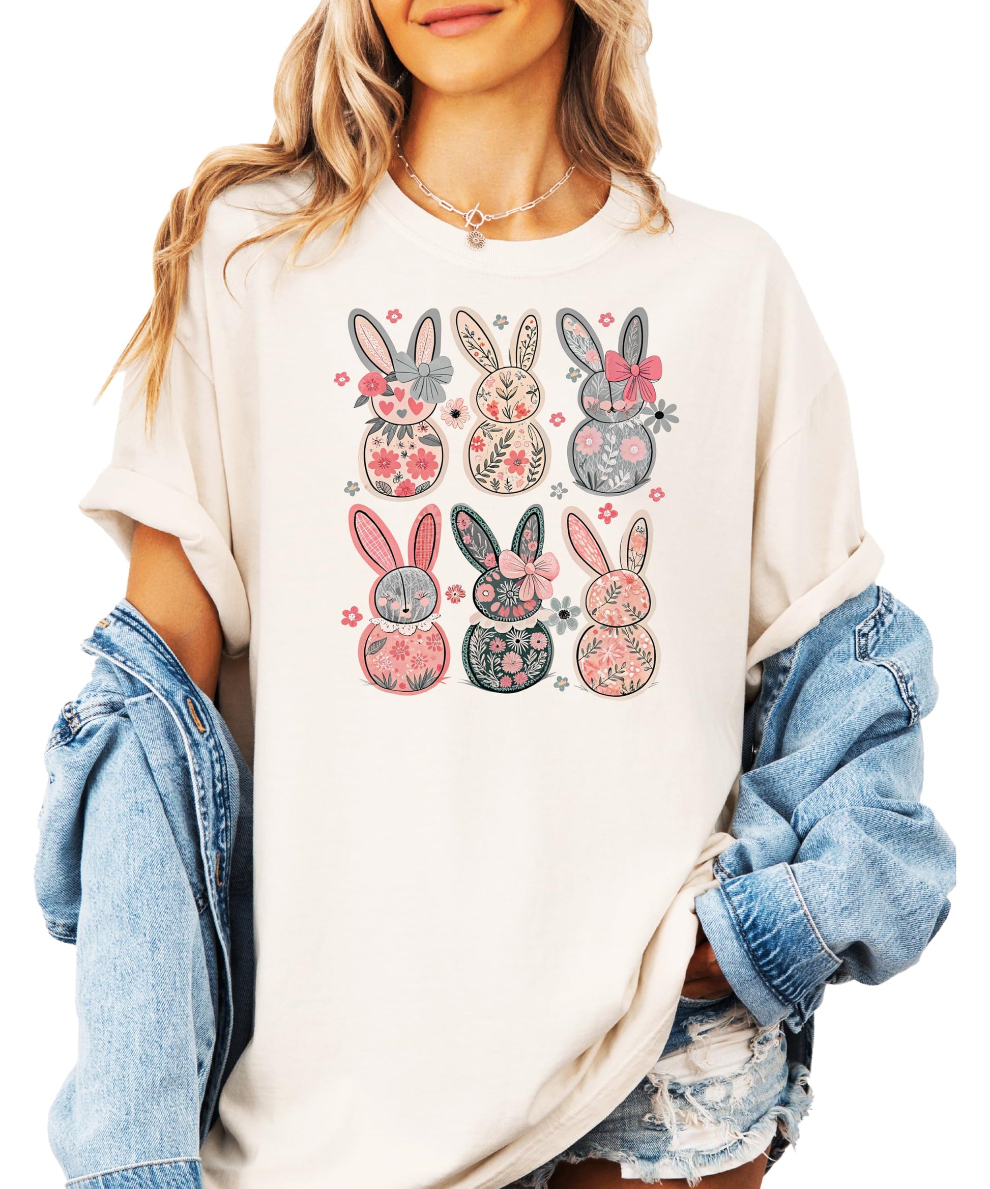 Styled flat lay of ivory women's retro floral bunny Easter tee with spring accessories