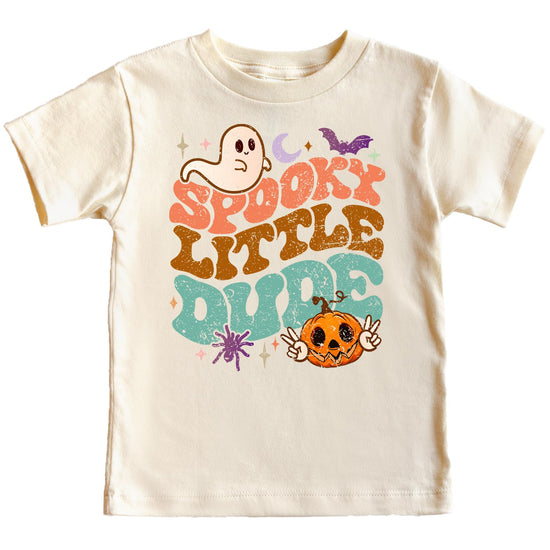 Front view of boys Halloween shirt with spooky groovy Little Dude graphic print