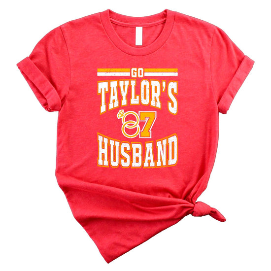 Mother and daughter matching Go Taylor's Husband shirts in vintage red for game day