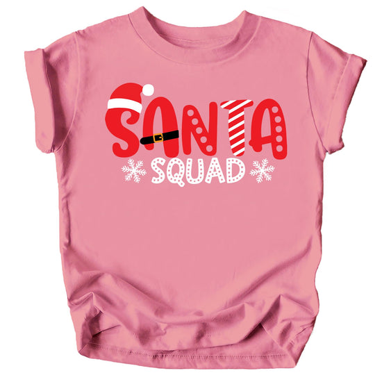 Close-up of Santa Squad white graphic print on mauve youth Christmas t-shirt by Olive Loves Apple