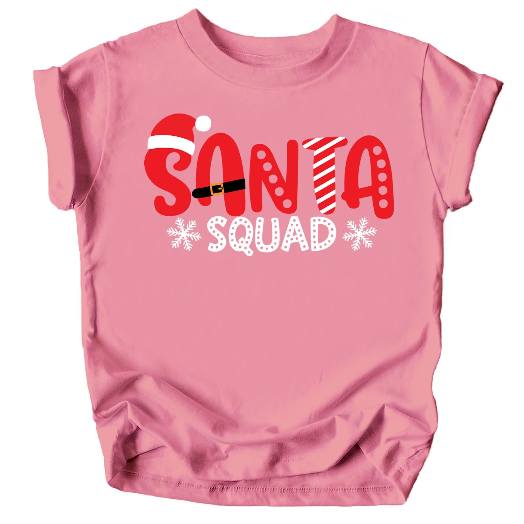 Close-up of Santa Squad white graphic print on mauve youth Christmas t-shirt by Olive Loves Apple
