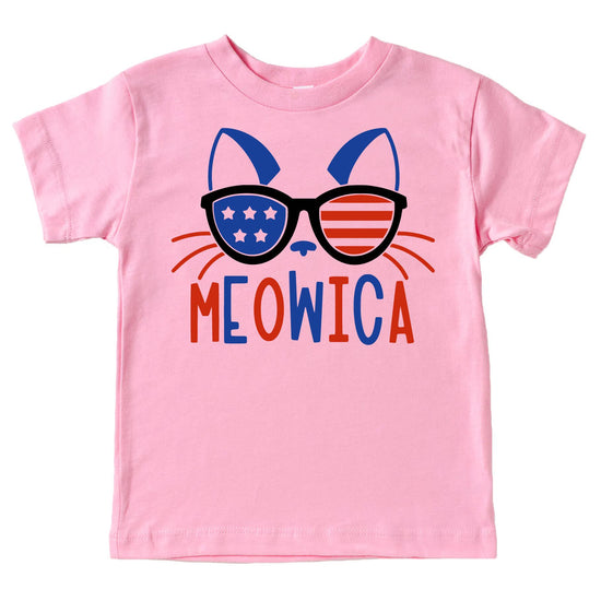 Meowica kitty cat 4th of July matching family shirt with patriotic cat graphic on pink tee