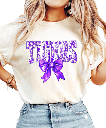 Tigers Purple Floral Bow Shirt - Women's Trendy School Spirit Tee