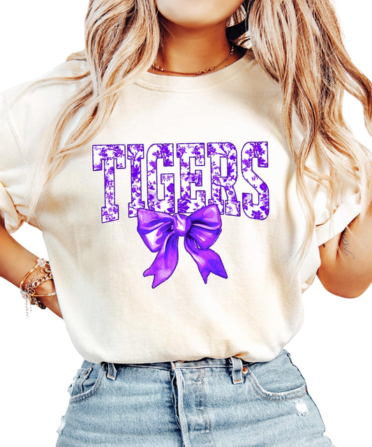 Tigers Purple Floral Bow Shirt - Women's Trendy School Spirit Tee