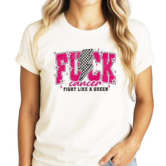 Flat lay of pink Fight Like a Queen cancer awareness women's t-shirt displaying full design