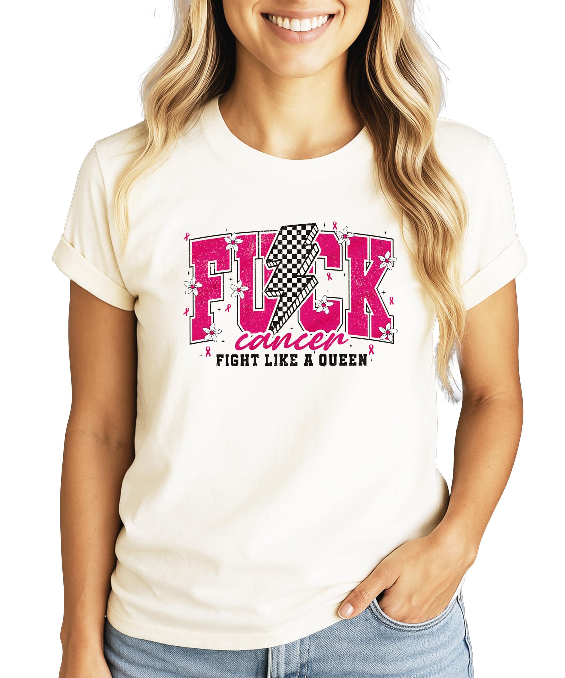 Flat lay of pink Fight Like a Queen cancer awareness women's t-shirt displaying full design