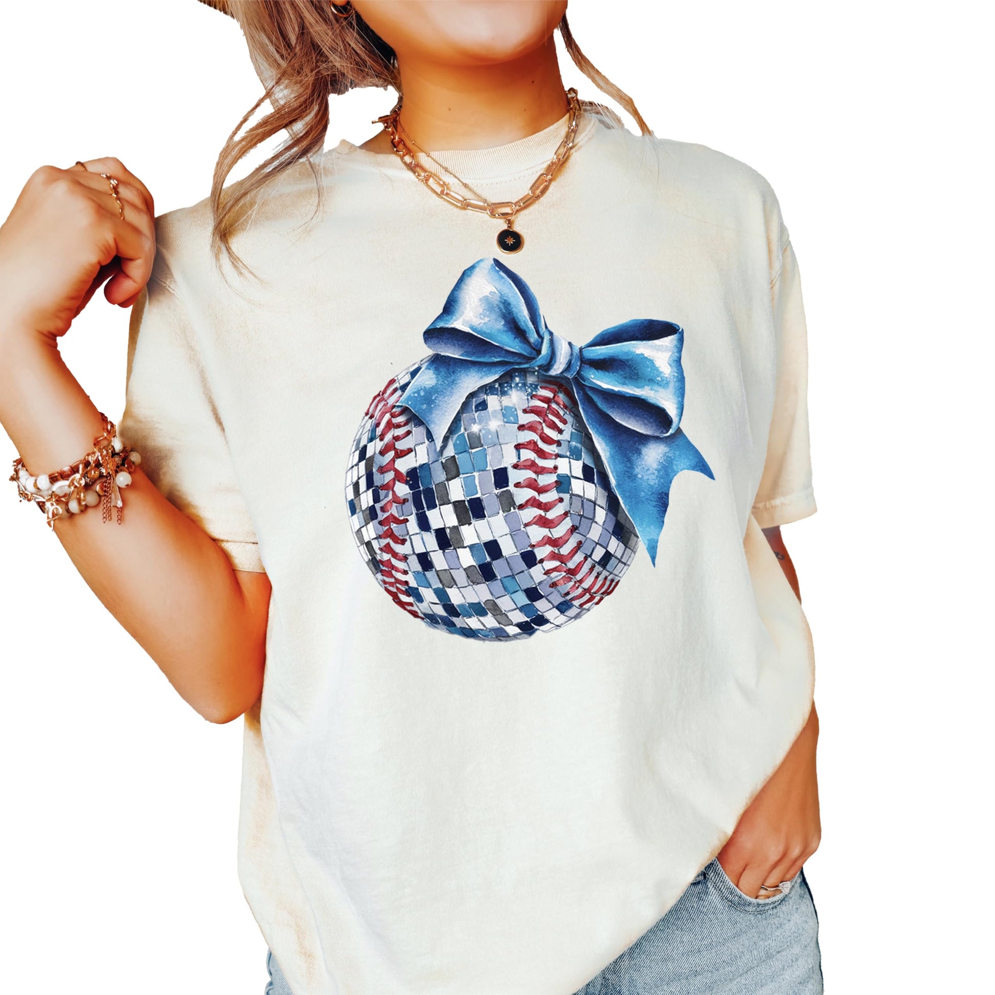 Front view of blue bow disco softball tee showing vibrant graphic print detail