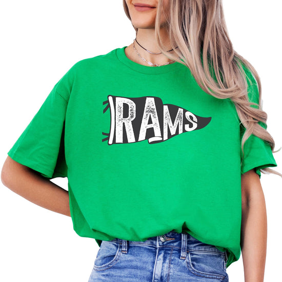 Vintage green Rams mascot graphic unisex t-shirt laid flat, bold team print on front