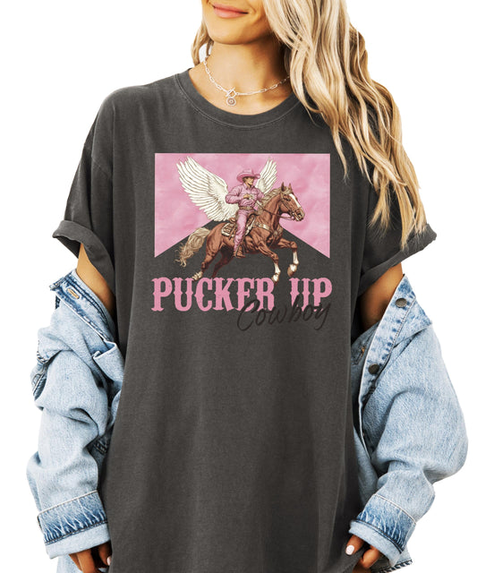 Close-up of Pucker Up Cowboy shirt design showing detailed western typography