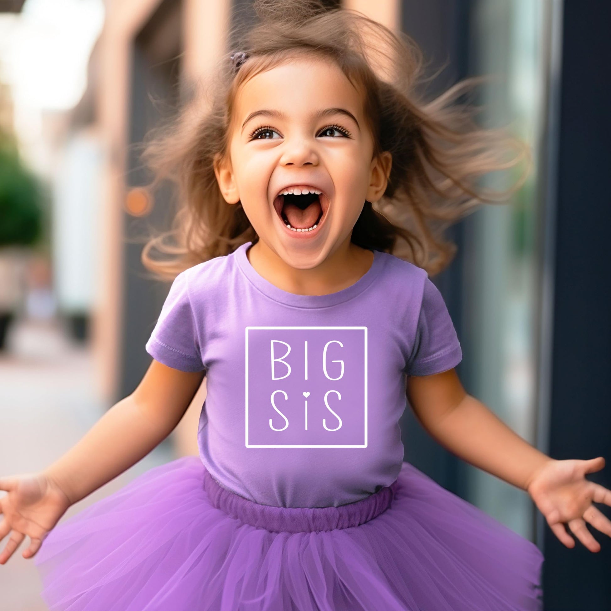 Olive Loves Apple Big Sis purple toddler shirt styled as part of a sibling announcement outfit