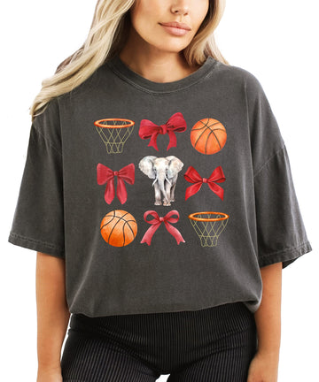 Elephant Mascot Basketball Shirt for Women & Teens Crimson Coquette Bows and Hoops Tee