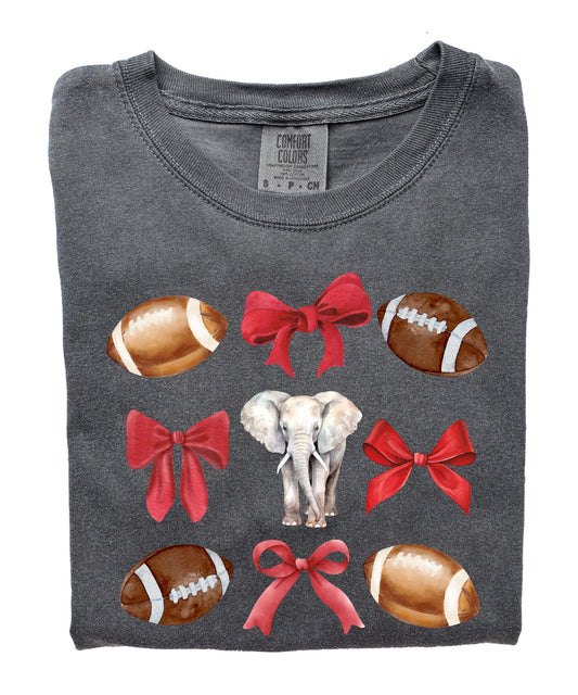Elephant Football Mascot Shirt for Women and Teens Red Bows and Footballs Elephants Fan Tee