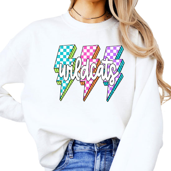 Side view of gray wildcats school spirit sweatshirt with lightning bolt design