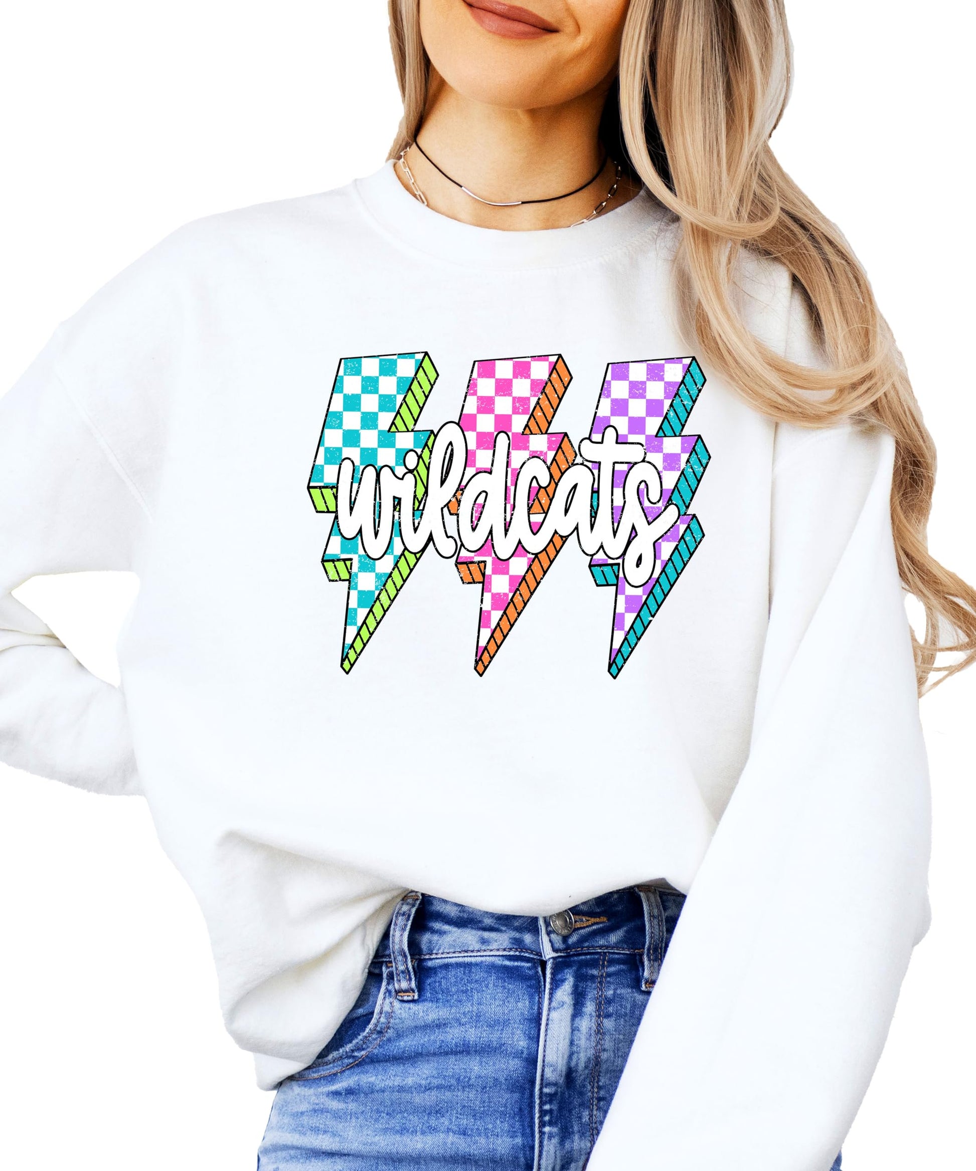 Side view of gray wildcats school spirit sweatshirt with lightning bolt design