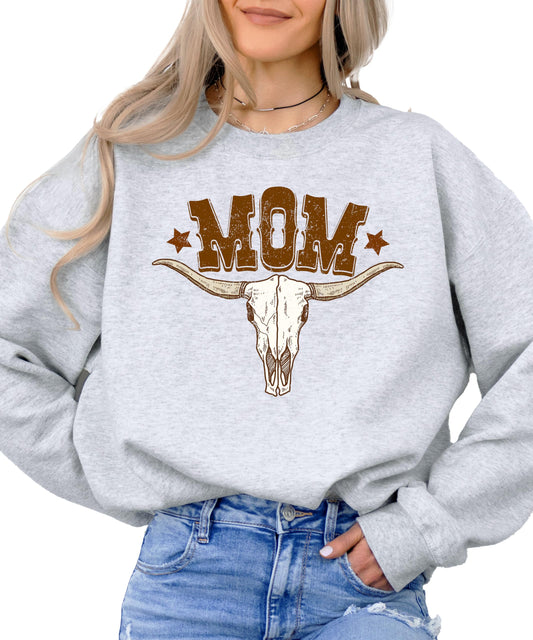 Front view of women's western bull skull Mom crewneck sweatshirt in white