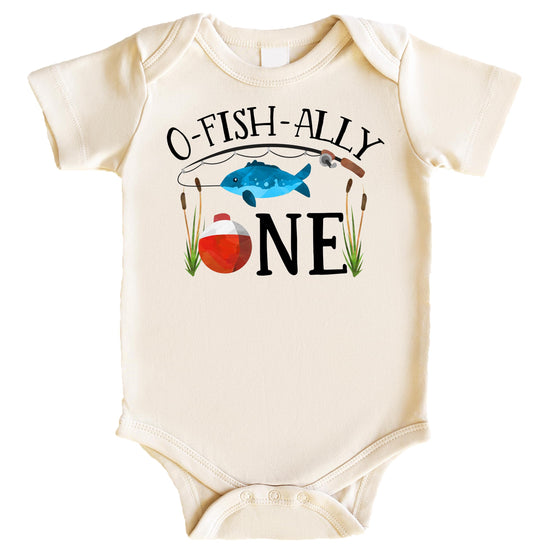 Close-up of O-Fish-Ally ONE fishing design print on granite heather bodysuit