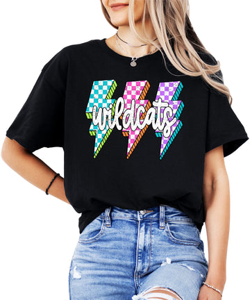 Wildcats Lightning Bolt Team Pride Shirt for Women & Teens Trendy School Spirit Tee Black Shirt Adult Medium