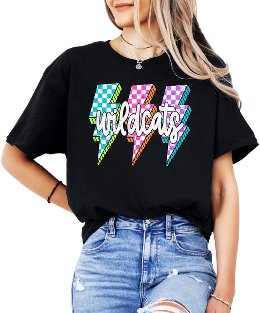 Wildcats Lightning Bolt Team Pride Shirt for Women & Teens Trendy School Spirit Tee Black Shirt Adult Medium