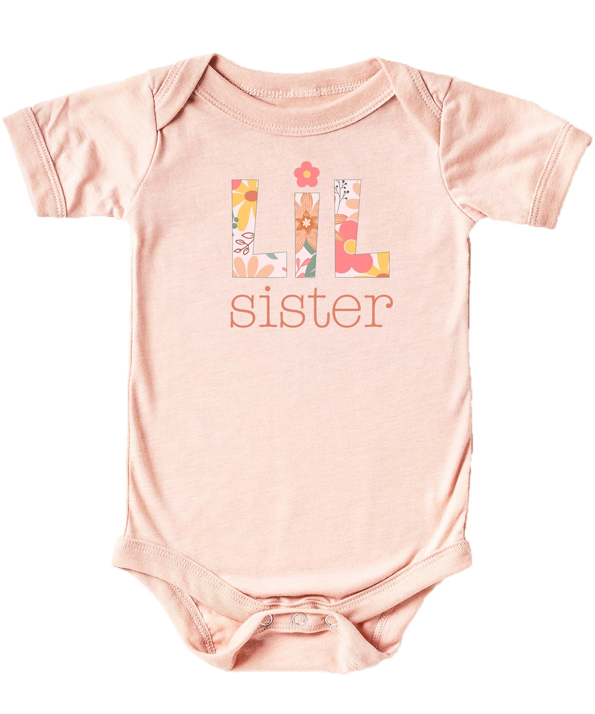 Baby girl wearing peach Lil Sister floral bodysuit, sibling matching outfit