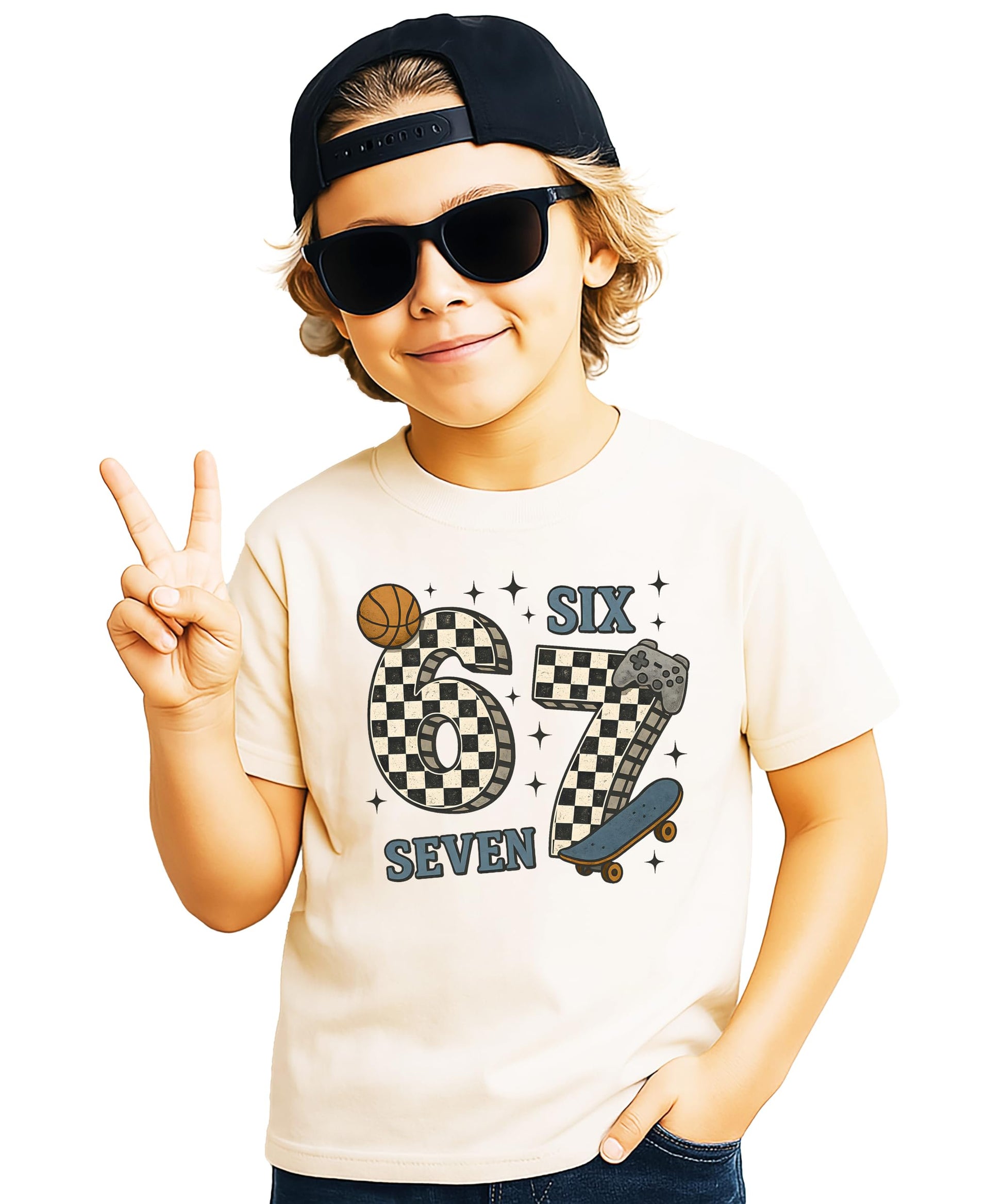 Boys natural graphic tee with checkered 6 7 meme design featuring a basketball, skateboard, and game controller