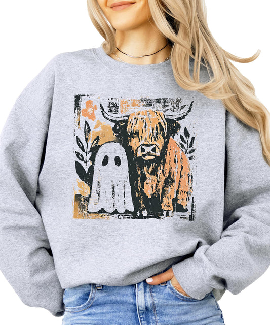 Trendy Fall Highland Cow & Little Ghost Sweatshirt for Women, Kids and Teens White Sweatshirt Adult Medium
