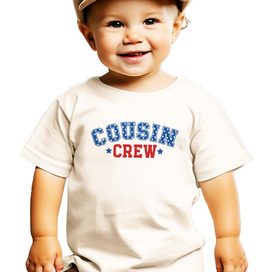 Natural colored kids t-shirt with USA Cousin Crew patriotic graphic design