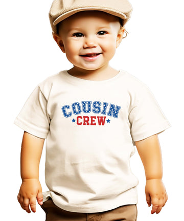 Natural colored kids t-shirt with USA Cousin Crew patriotic graphic design