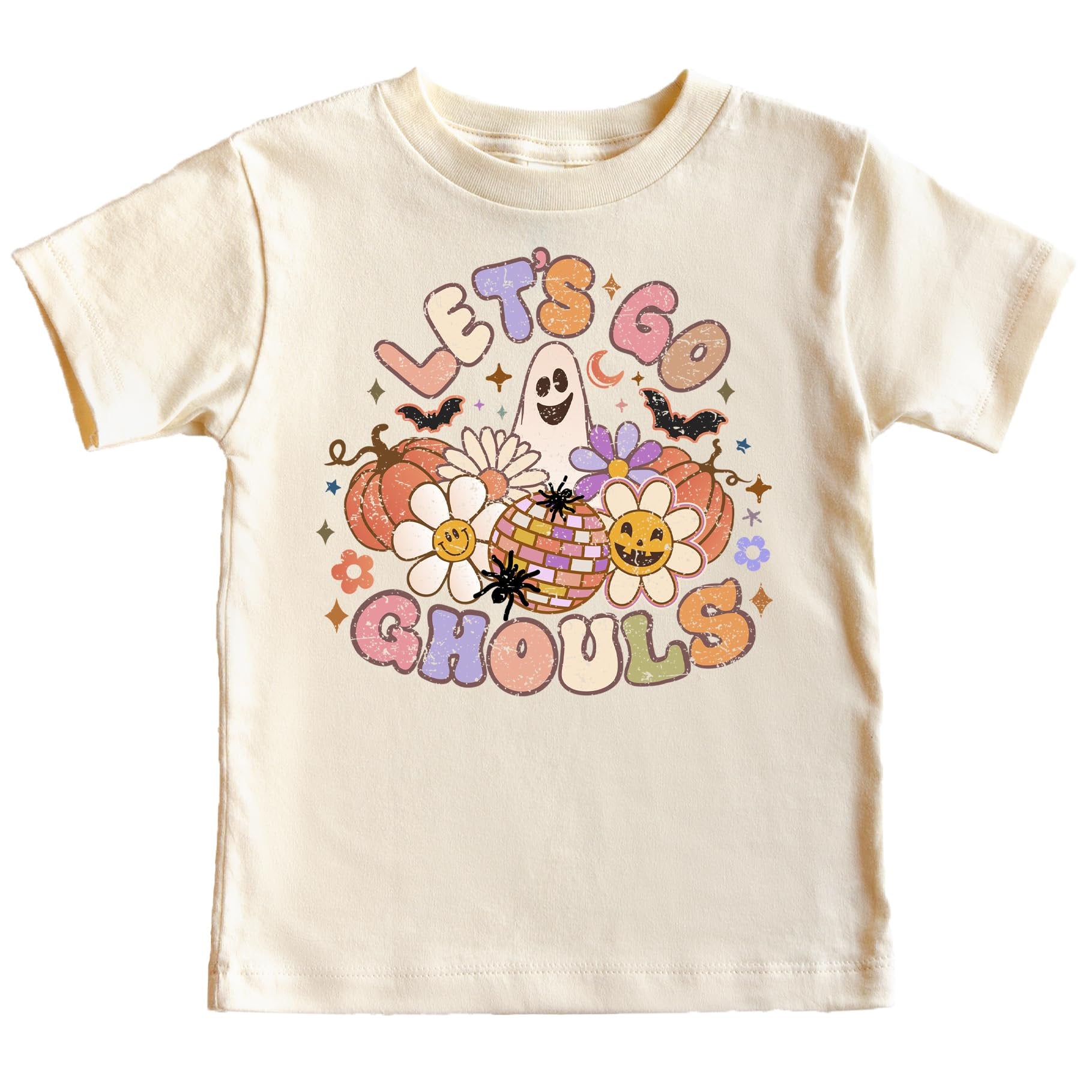 Let's Go Ghouls groovy Halloween graphic tee in peach for girls and women