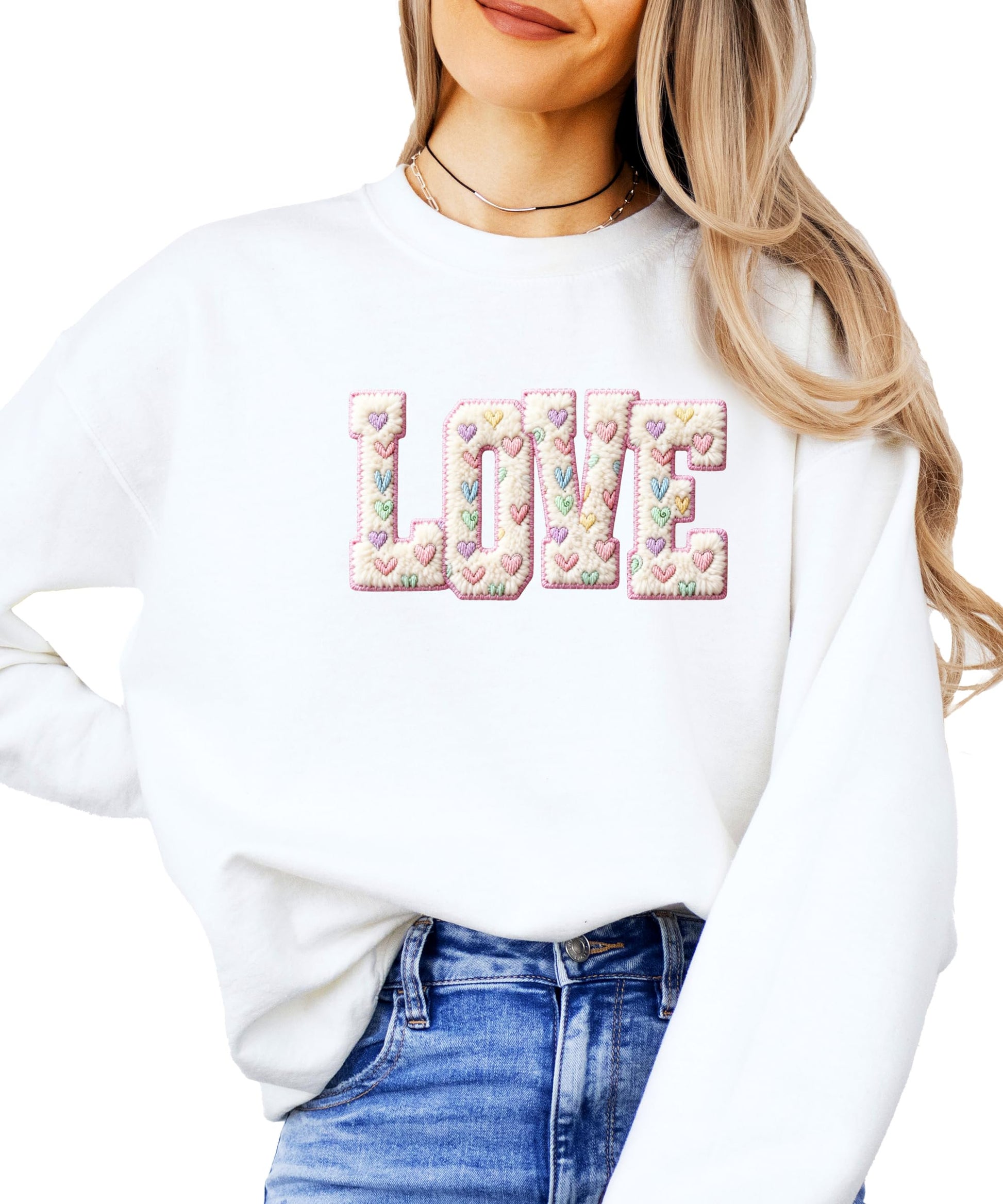 Girly retro pink pullover sweatshirt with ink-printed LOVE graphic and pastel heart details