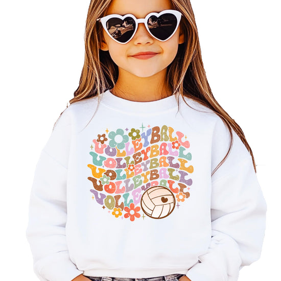 Close-up of groovy VOLLEYBALL lettering with retro flowers and peace sign graphics