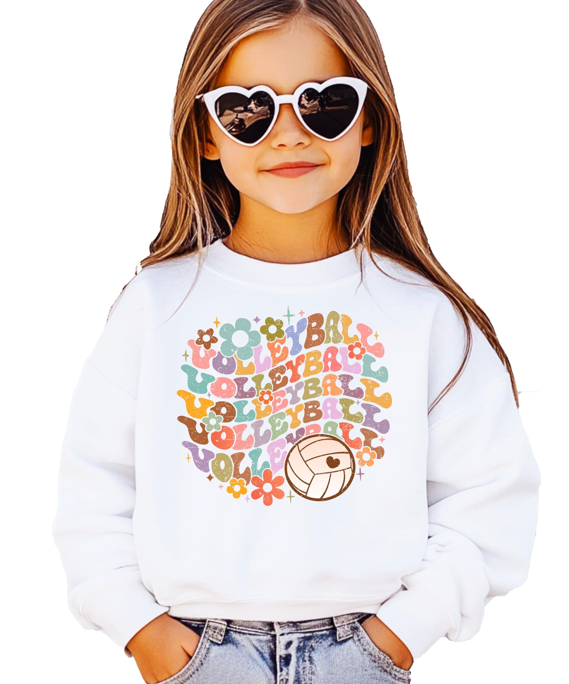 Close-up of groovy VOLLEYBALL lettering with retro flowers and peace sign graphics